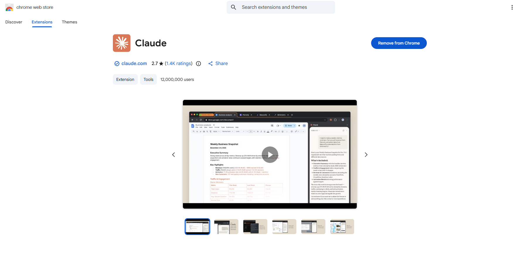 Chrome Web Store page for the Claude in Chrome extension