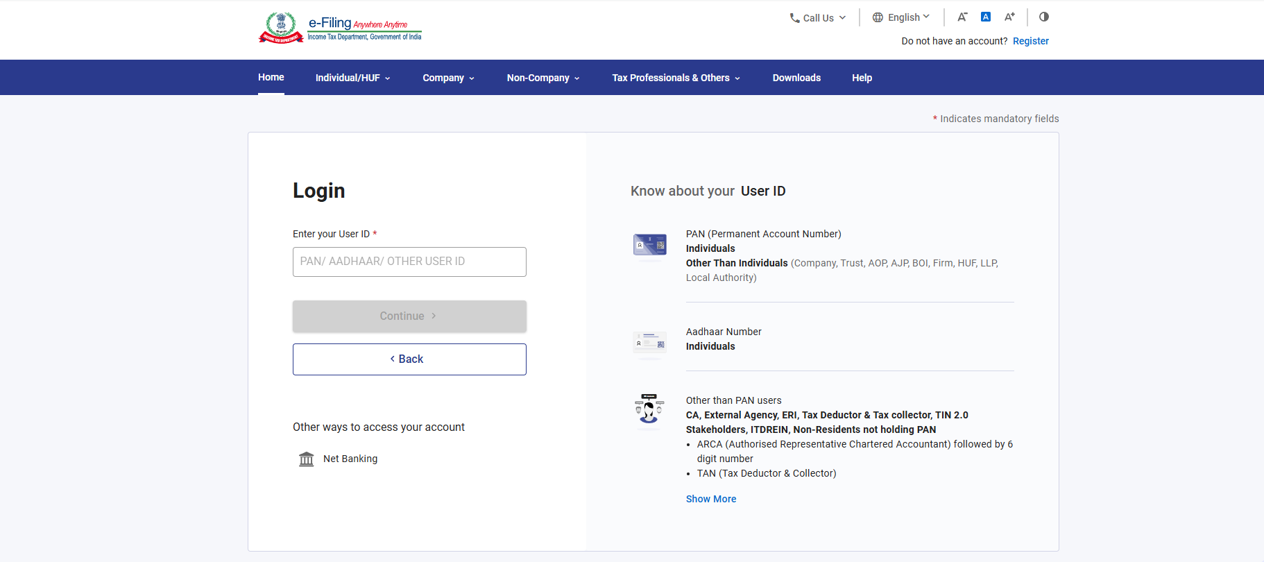 Income Tax e-Filing portal login page