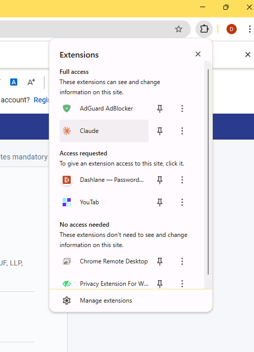 Chrome Extensions menu open with Claude selected