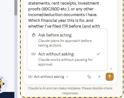 Claude permission menu with Act without asking / Auto mode selected