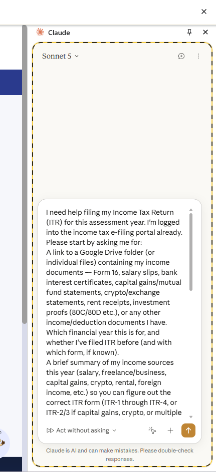 Sharing the ITR filing prompt with Claude in Chrome