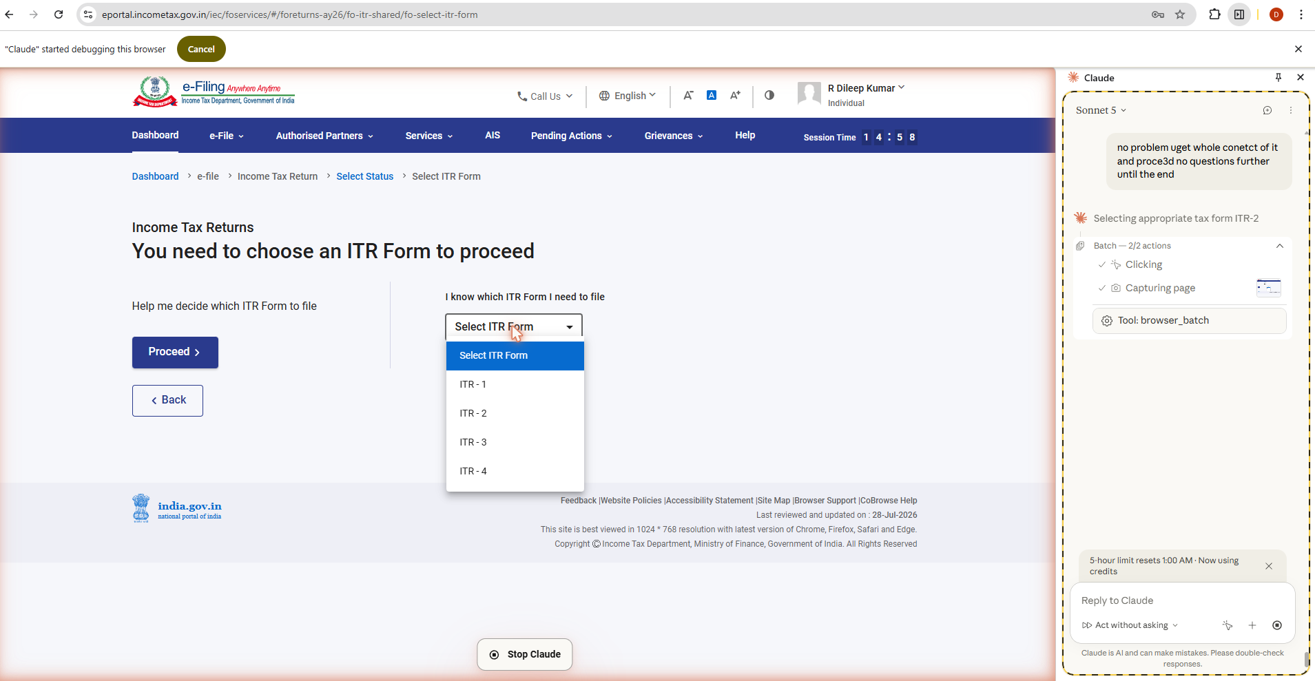 Claude automatically selecting the correct ITR form on the Income Tax portal